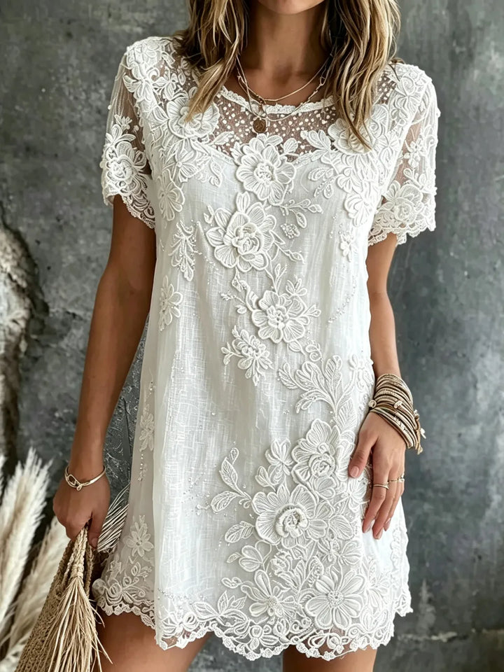 Vestido Mini De Lino Con Bordado De Rosas Artísticas Y Cuello Redondo