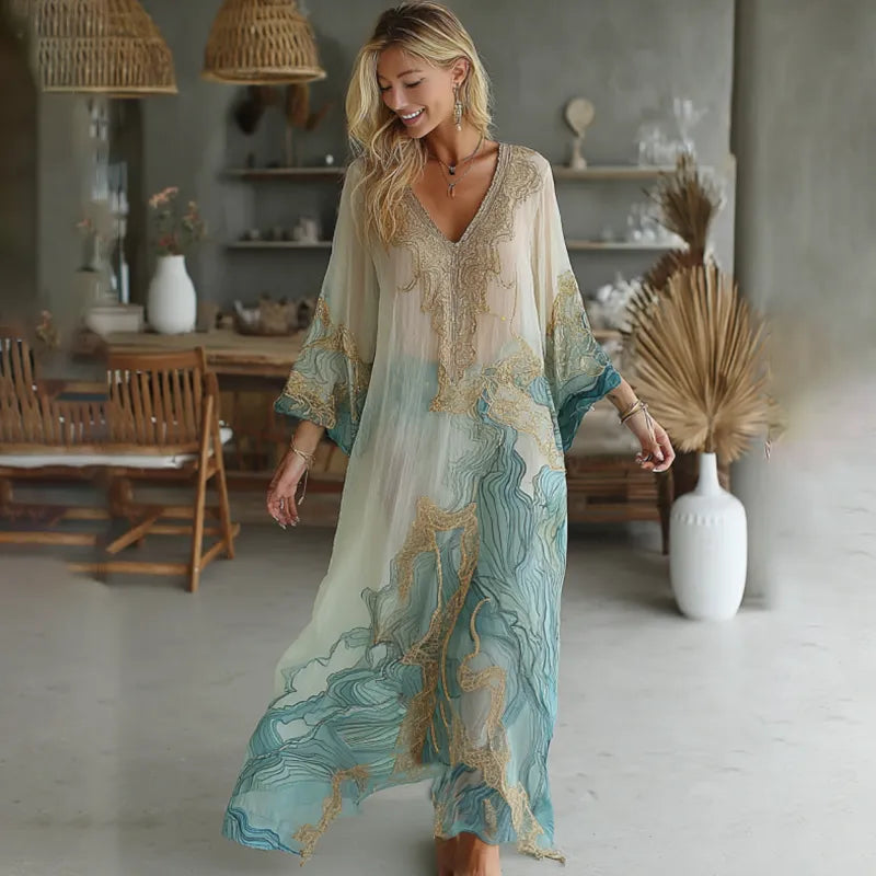 - VESTIDO MAXI LINO MÁRMOL DEGRADADO DORADO BOHO