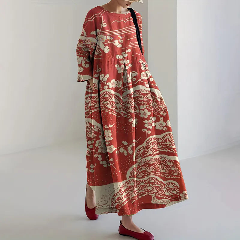 Vestido Maxi de Manga Comprida com Estampado Japonês de Flor de Ameixeira