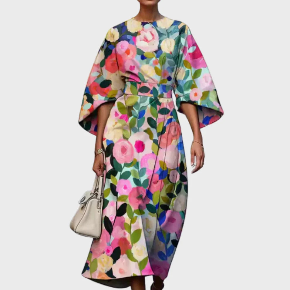 Reina | vestido midi floral cintura marcada