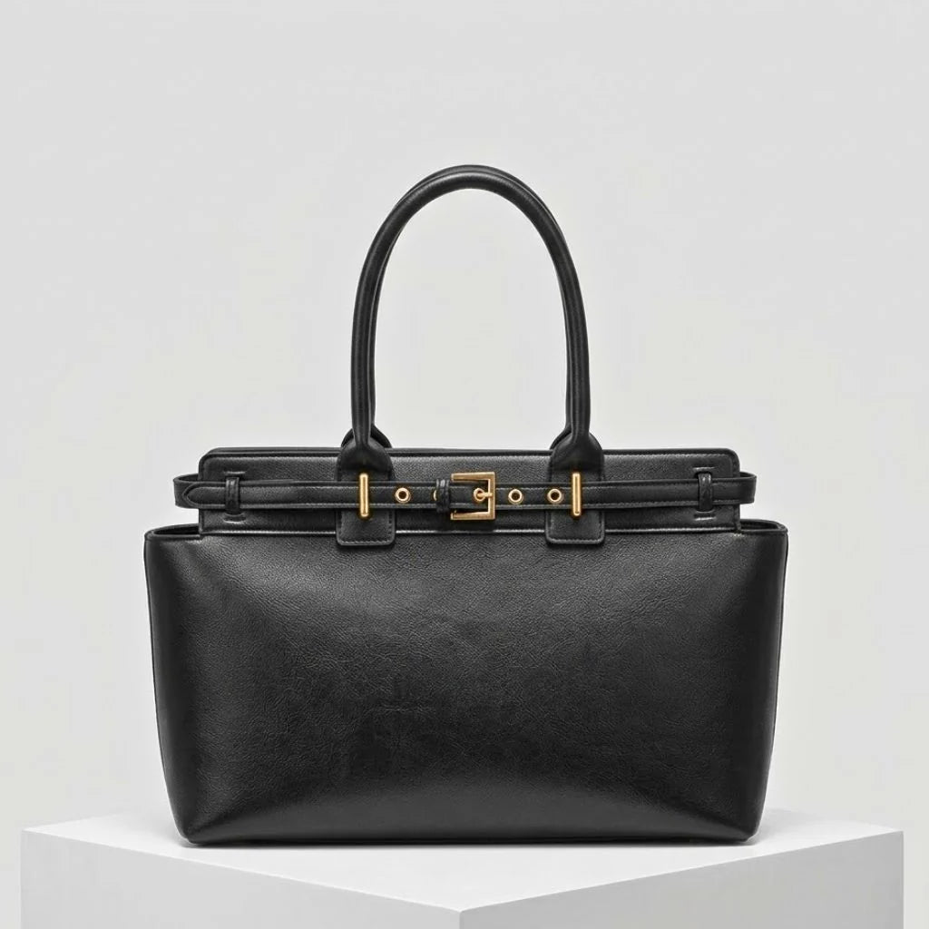 Structured Tote Bag with Rigid Handles and Front Metallic Clasp