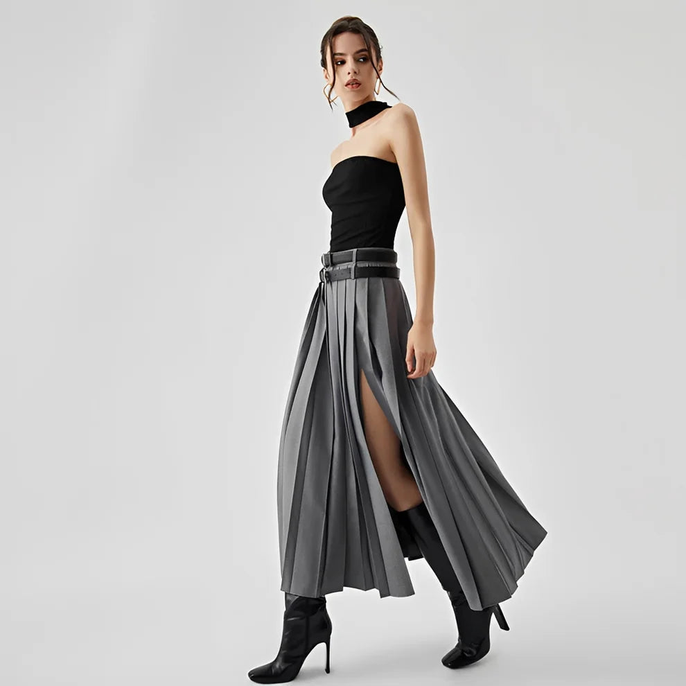 Odette - Pleated Maxi Skirt with Slit