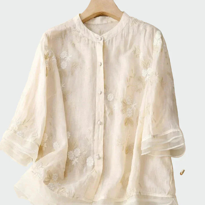 Camisa Bordada Floral Com Botões Para Mulher