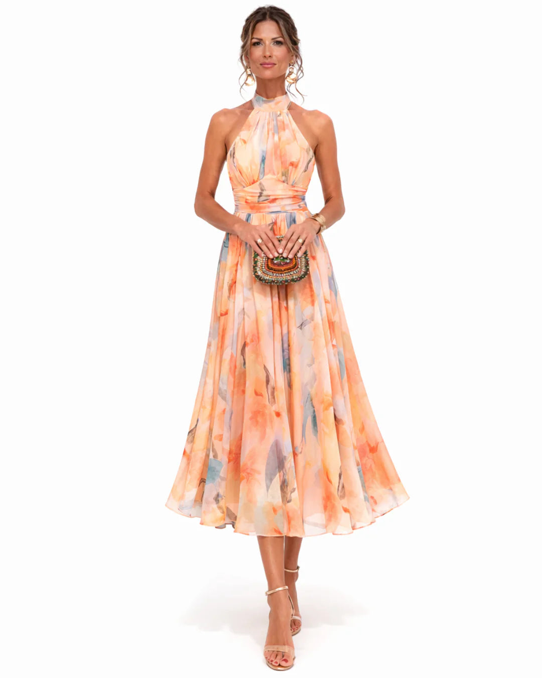 Aurora | Vestido Com Gola Halter E Padrão Aguarela