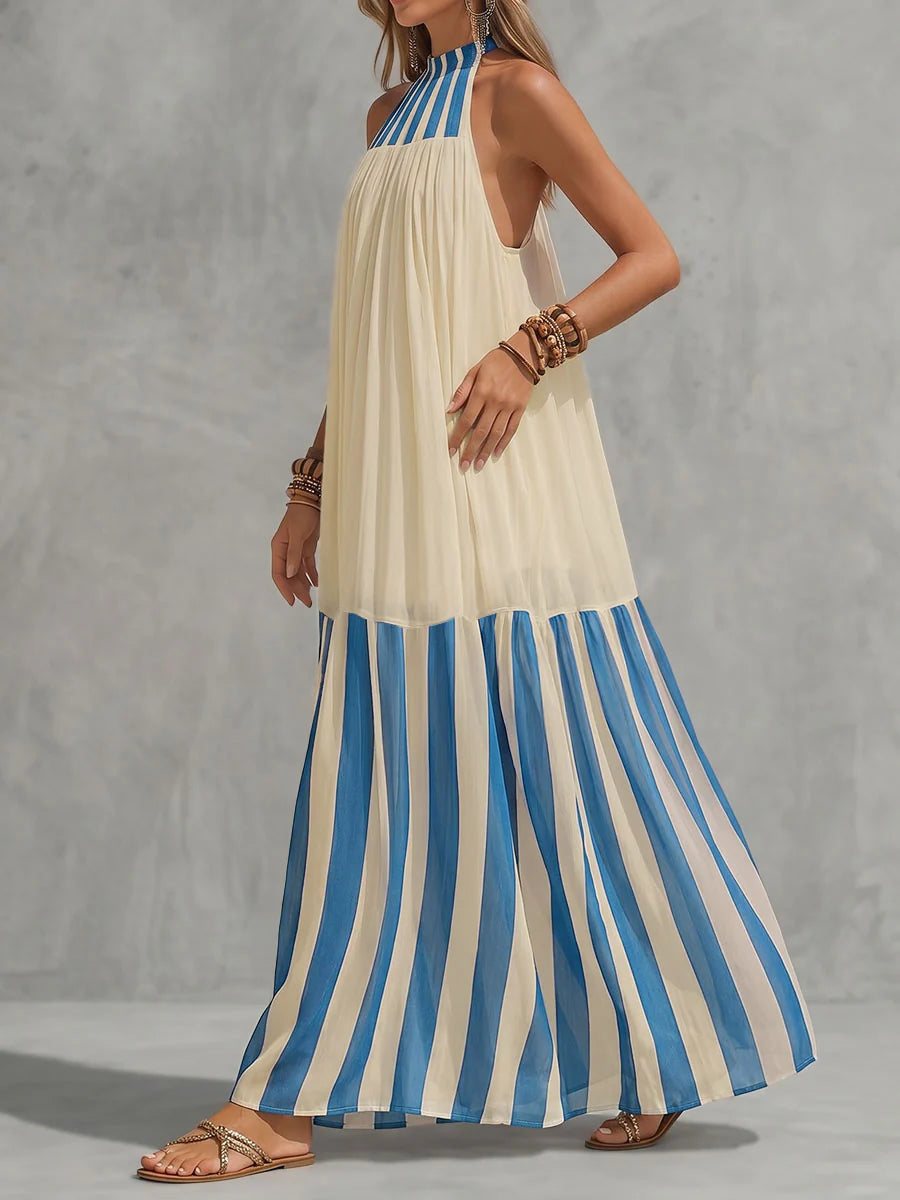 Vestido Maxi Holgado Línea A Con Contraste De Color, Plisado Y Rayas - Cuello Halter