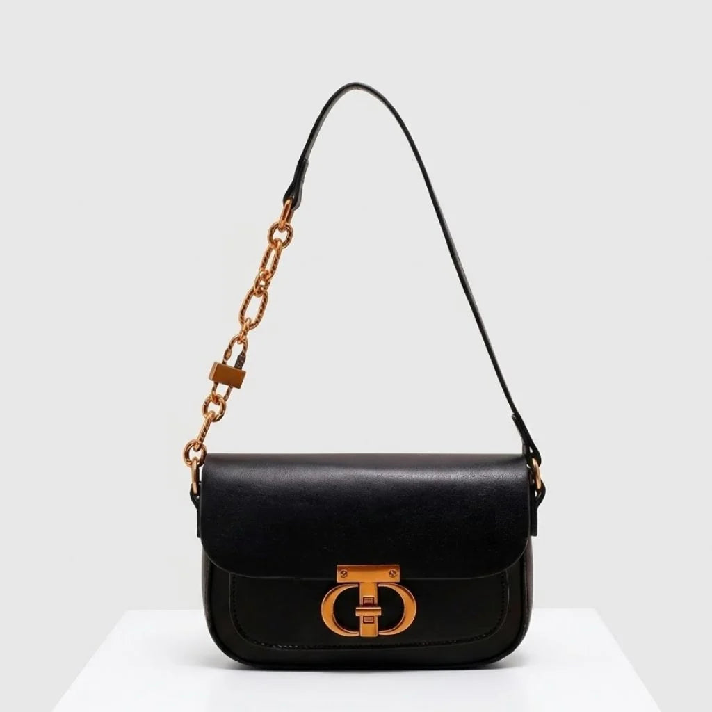 Compact Shoulder Bag with Structured Flap and Metal Clasp