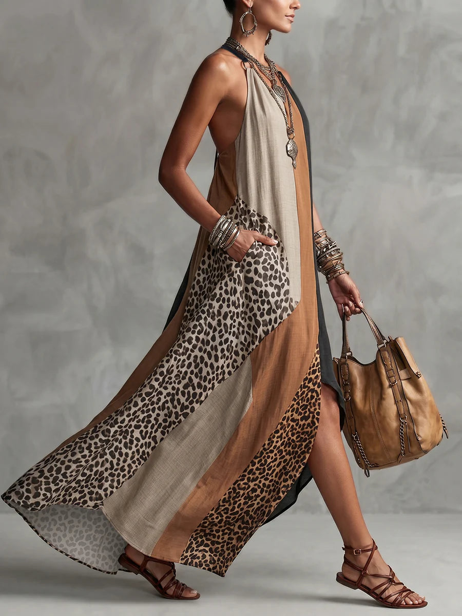 Vestido maxi halter leopardo asimétrico sin mangas