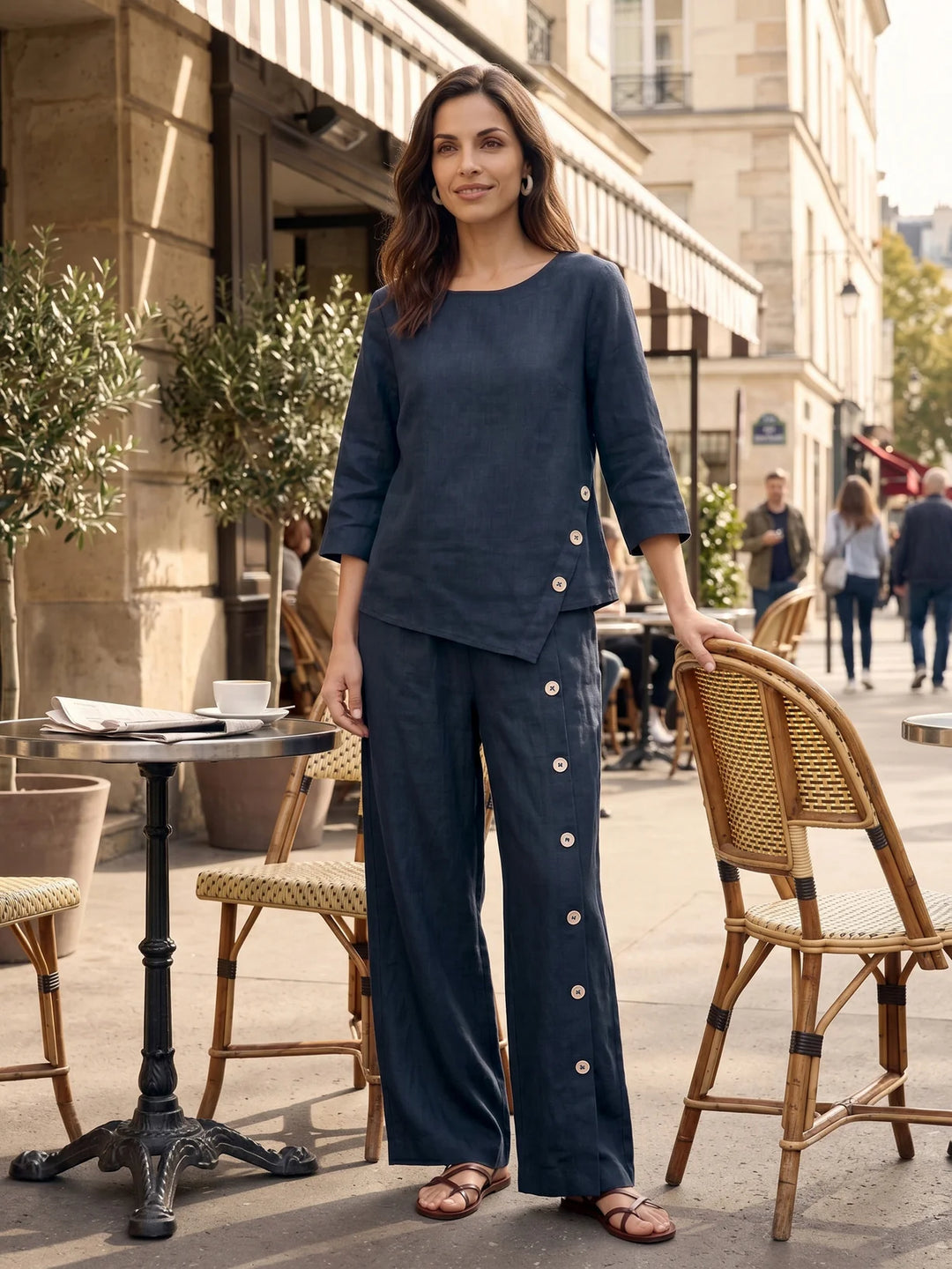 Nyla | Linen Top With Asymmetrical Hem And Decorative Buttons
