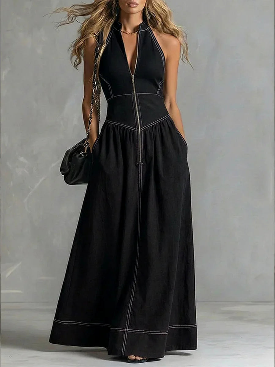 Vestido Maxi Corte En A De Cintura Alta Plisado Con Bolsillos, Color Liso, Cremallera Y Cuello Mao