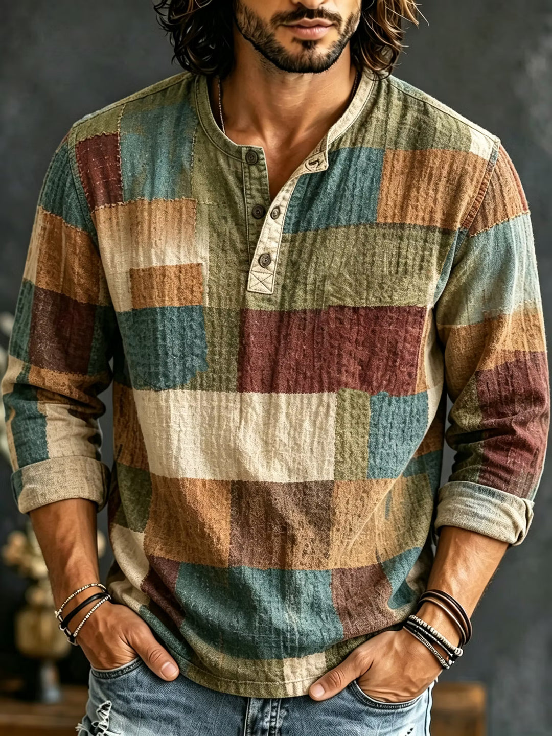 Camisa Hombre Manga Larga Cuadros Retro Color Block Algodón Lino