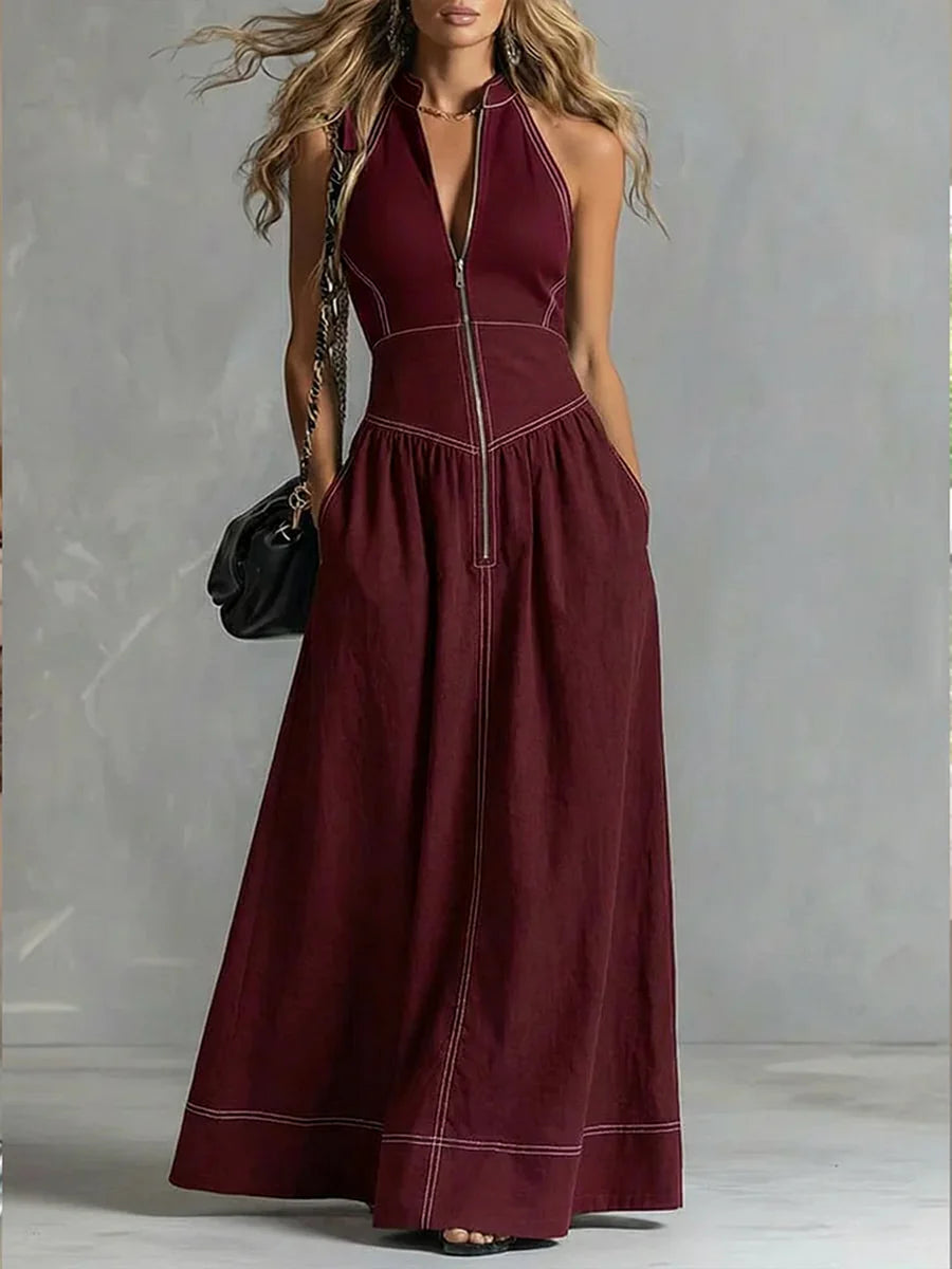 Vestido Maxi Corte En A De Cintura Alta Plisado Con Bolsillos, Color Liso, Cremallera Y Cuello Mao