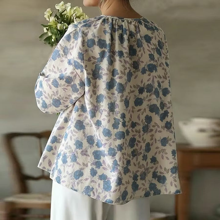 BLUSA FEMENINA EN LINO MIXTO CON ESTAMPADO FLORAL DELICADO