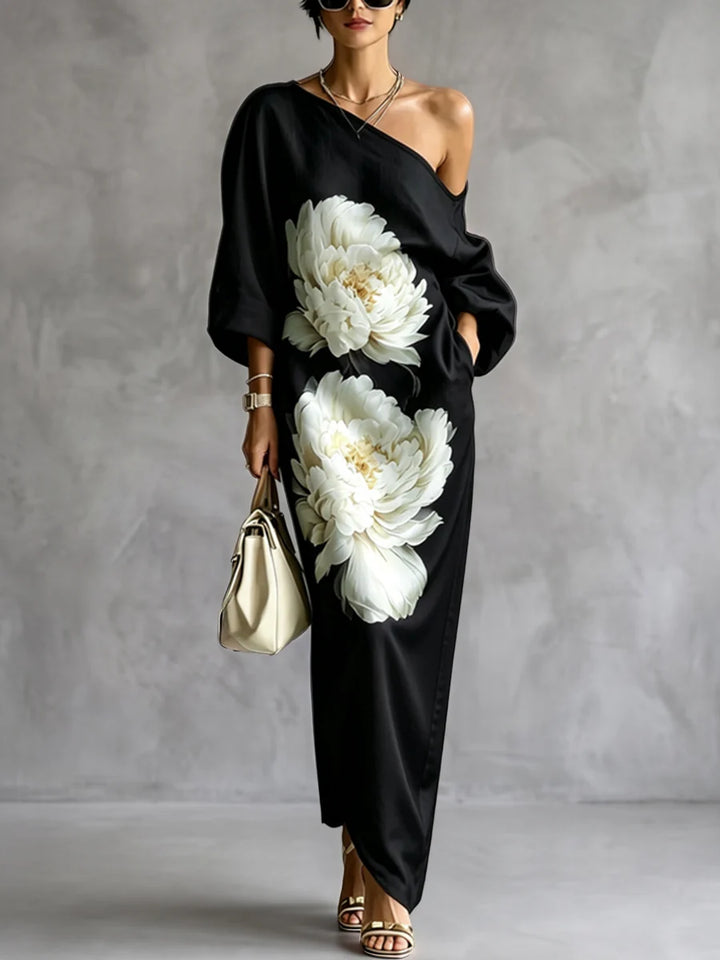 Vestido Maxi Floral Suelto De Un Hombro Con Manga Asimétrica Tres Cuartos Y Bolsillos