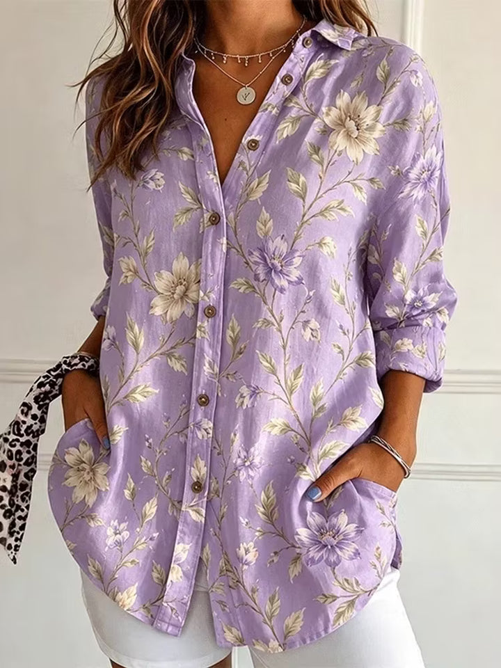 Camisa Retro Con Solapa - Estampado Floral Morado Bolsillos Botones Manga Larga