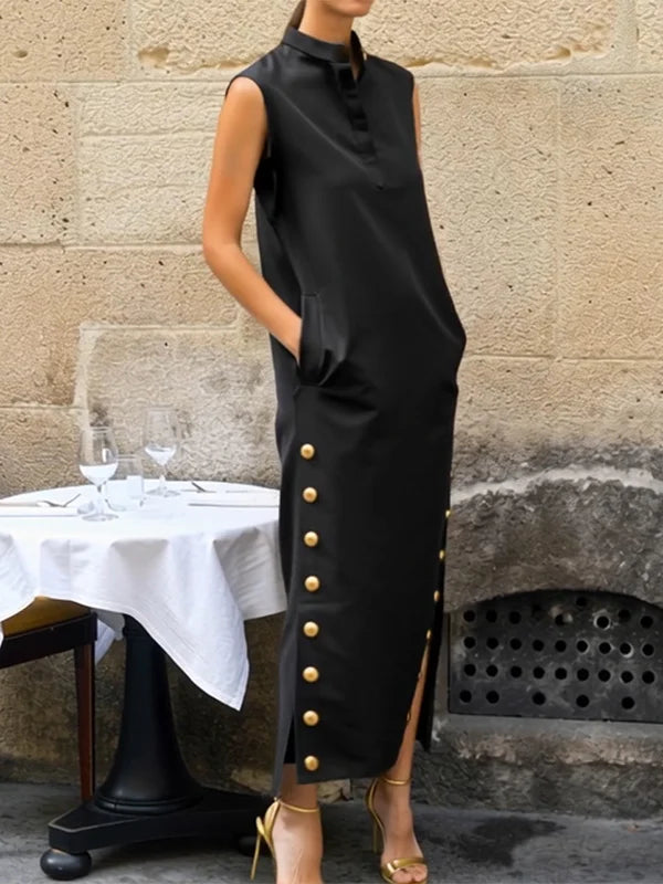Vestido Maxi Camisero Sin Mangas Con Botones, Color Liso, Abertura Lateral Y Cuello Mao