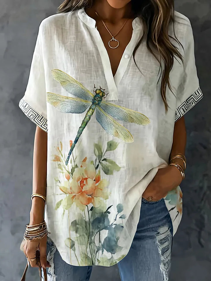 Retro Dragonfly Print Linen Blend Short Sleeve Shirts