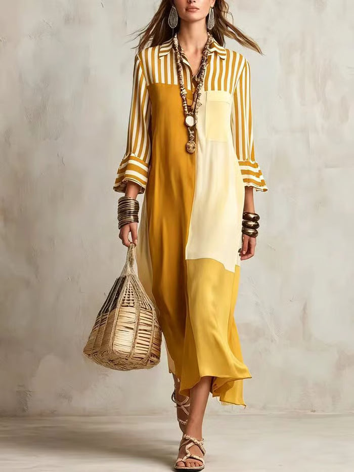 Vestido Midi Camisero Con Mangas Campana Y Bloques De Color En Contraste