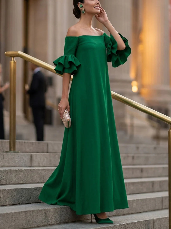 Vestido Maxi Folgado com Ombros Descaídos, Manga Média, Folhos e Cor Sólida