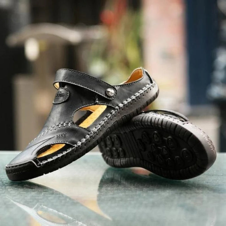 Sandalias De Cuero Para Hombre Con Diseño Calado Y Tira Ajustable – Zapatos De Verano