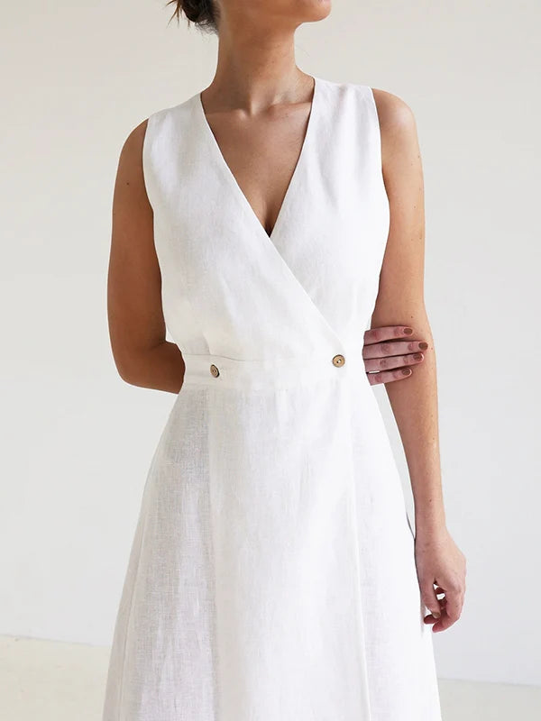 VESTIDO MAXI HOLGADO SIN MANGAS CON ESCOTE EN V Y ABERTURA FRONTAL - LINO Y ALGODON
