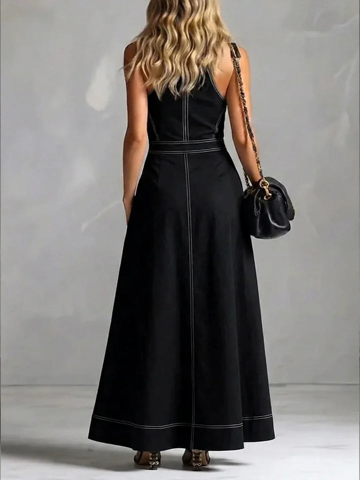 Vestido Maxi Corte En A De Cintura Alta Plisado Con Bolsillos, Color Liso, Cremallera Y Cuello Mao