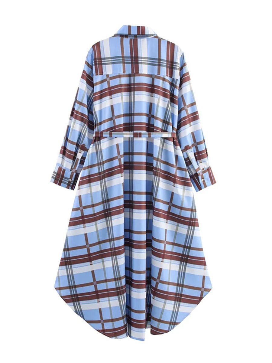 Vestido Midi De Cuadros Contrastantes Con Solapa, Manga Larga Y Botones