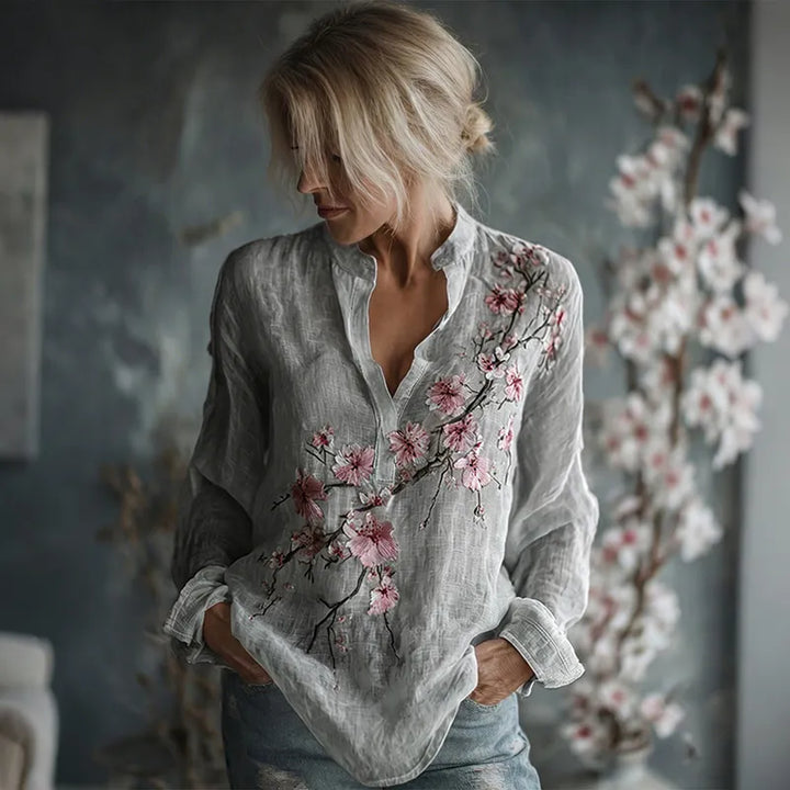 Camisa De Lino De Manga Larga Con Bordado Floral Vintage Para Mujer