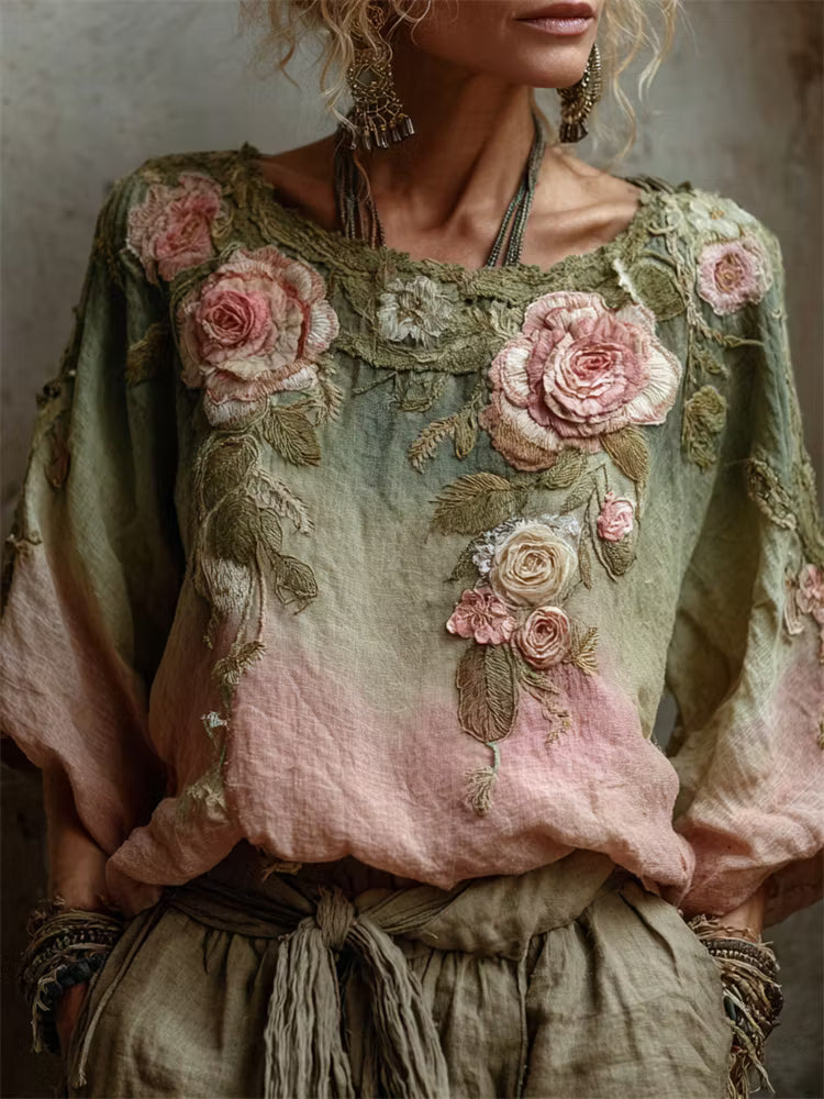 TÚNICA DE LINO CON ESTAMPA DEGRADÉ DE ROSAS ROSA VINTAGE
