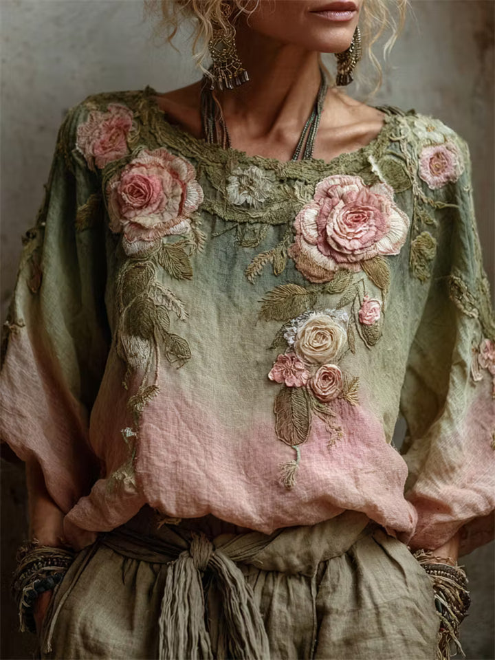 TÚNICA DE LINO CON ESTAMPA DEGRADÉ DE ROSAS ROSA VINTAGE