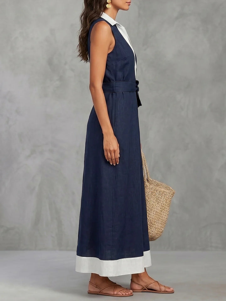 Vestido Maxi Holgado Línea A Con Botones, Contraste De Color, Bolsillos, Lazada Y Cremallera - Cuello Solapa