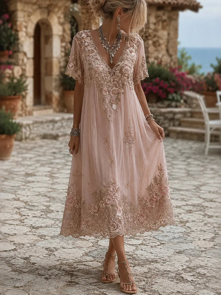 Vestido Midi De Lino Con Bordado Floral Artístico Y Escote En V - Manga Corta