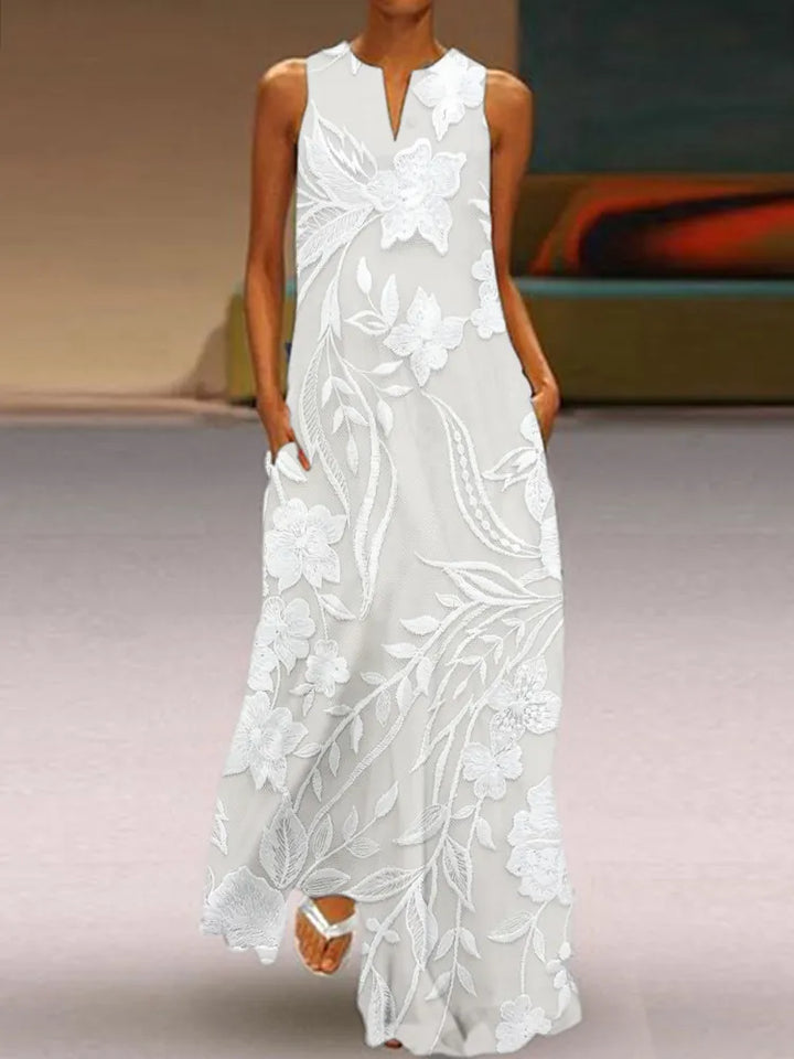 Vestido Maxi Fluido Elegante Con Bordados Florales