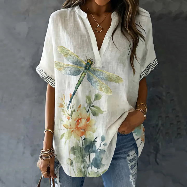 Retro Dragonfly Print Linen Blend Short Sleeve Shirts