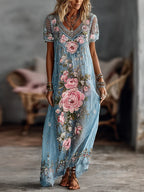 Vestido maxi de mezcla de lino con estampado floral de rosas manga corta para mujer