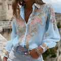 Camisa de lino con bordado de rosas rosas manga larga