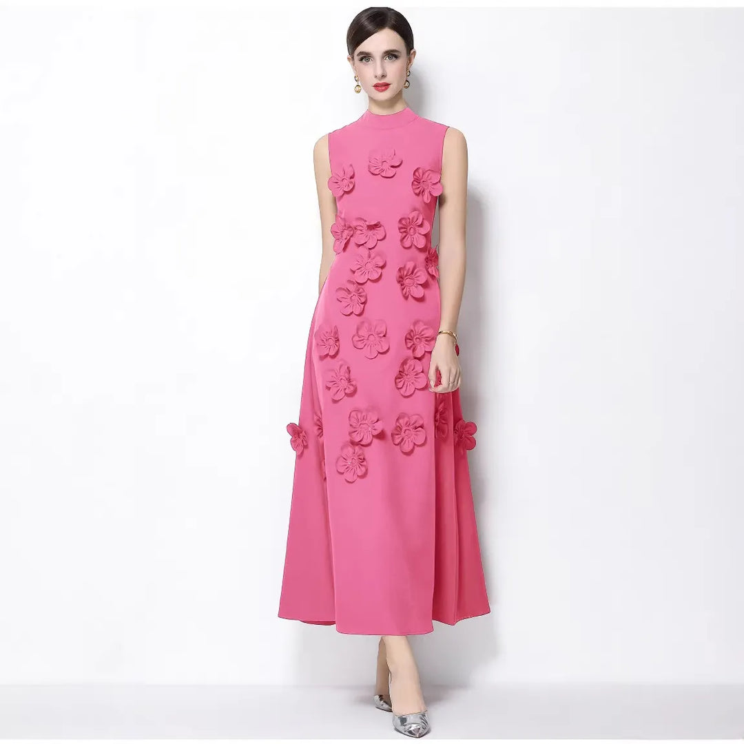 Vestido Maxi Gala Sem Mangas Gola Alta Flores 3D Patchwork Casamento