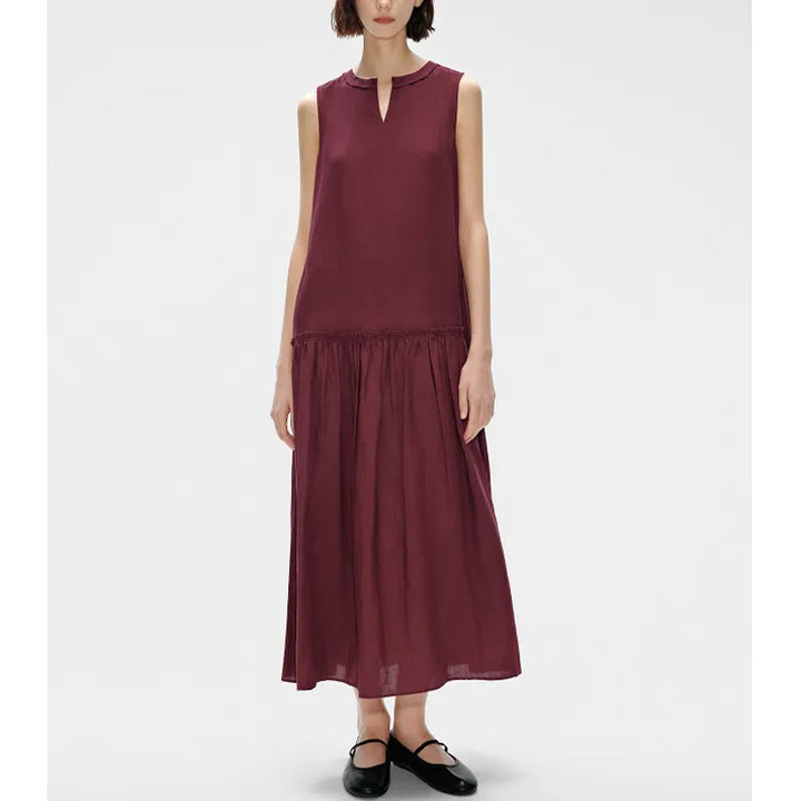 Vestido Maxi de Linho Sem Mangas Com Decote em Gota e Folhos