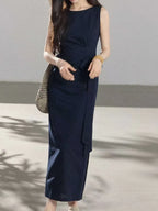 Vestido maxi lino sin mangas con nudo en la cintura k26051205