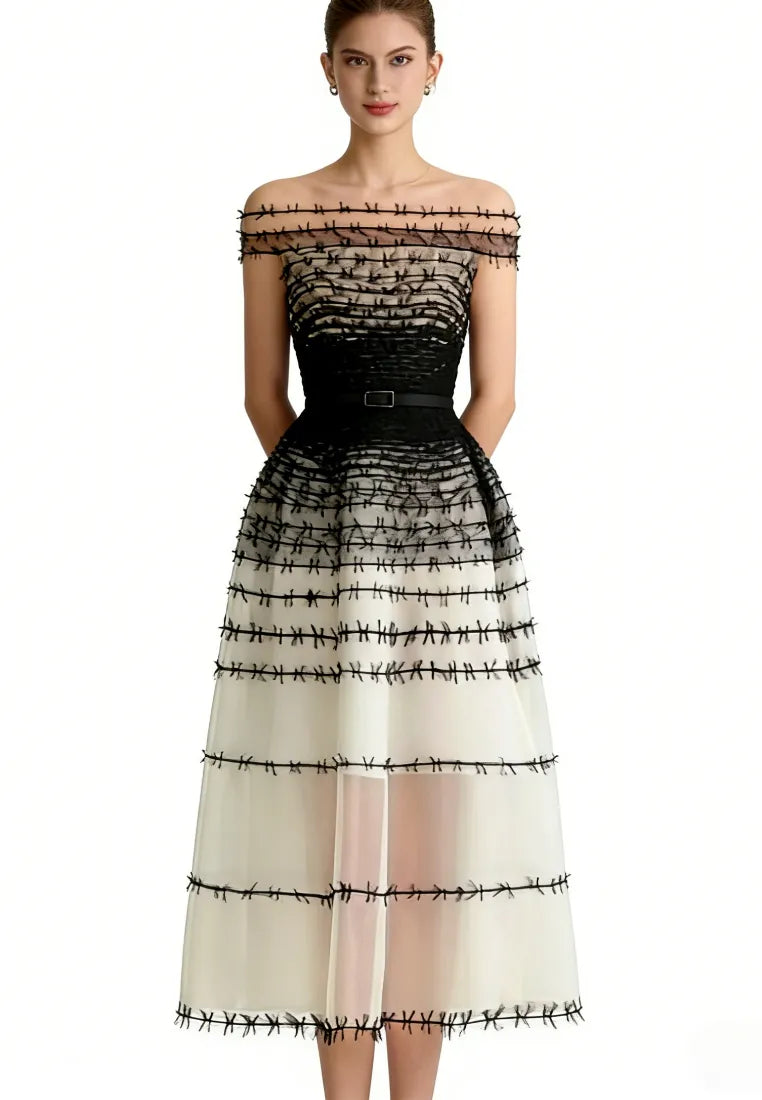 Vestido midi elegante hombros descubiertos malla y bordado noche k26040902