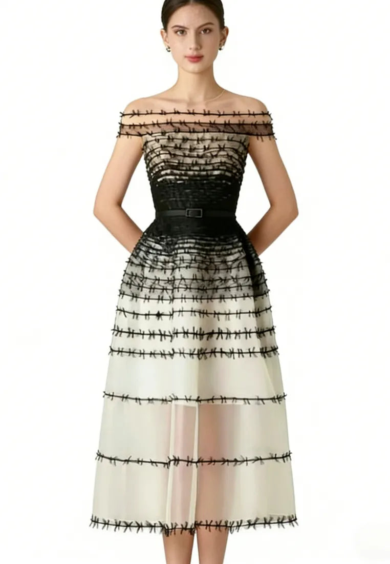 Vestido midi elegante hombros descubiertos malla y bordado noche k26040902