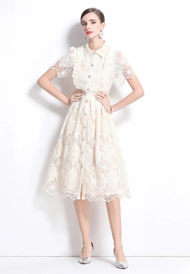 Vestido midi camisa encaje marfil con cuello peter pan y botones perla k26061503