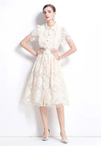 Vestido midi camisa encaje marfil con cuello peter pan y botones perla k26061503