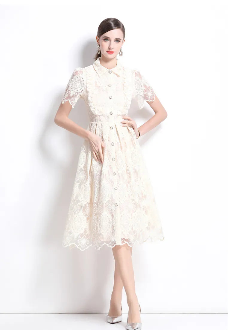 Vestido midi camisa encaje marfil con cuello peter pan y botones perla k26061503