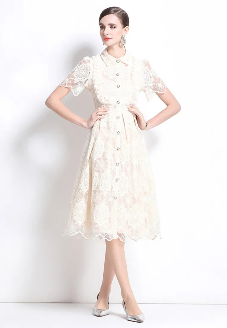 Vestido midi camisa encaje marfil con cuello peter pan y botones perla k26061503