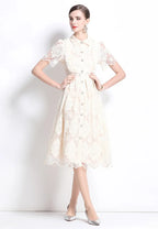 Vestido midi camisa encaje marfil con cuello peter pan y botones perla k26061503