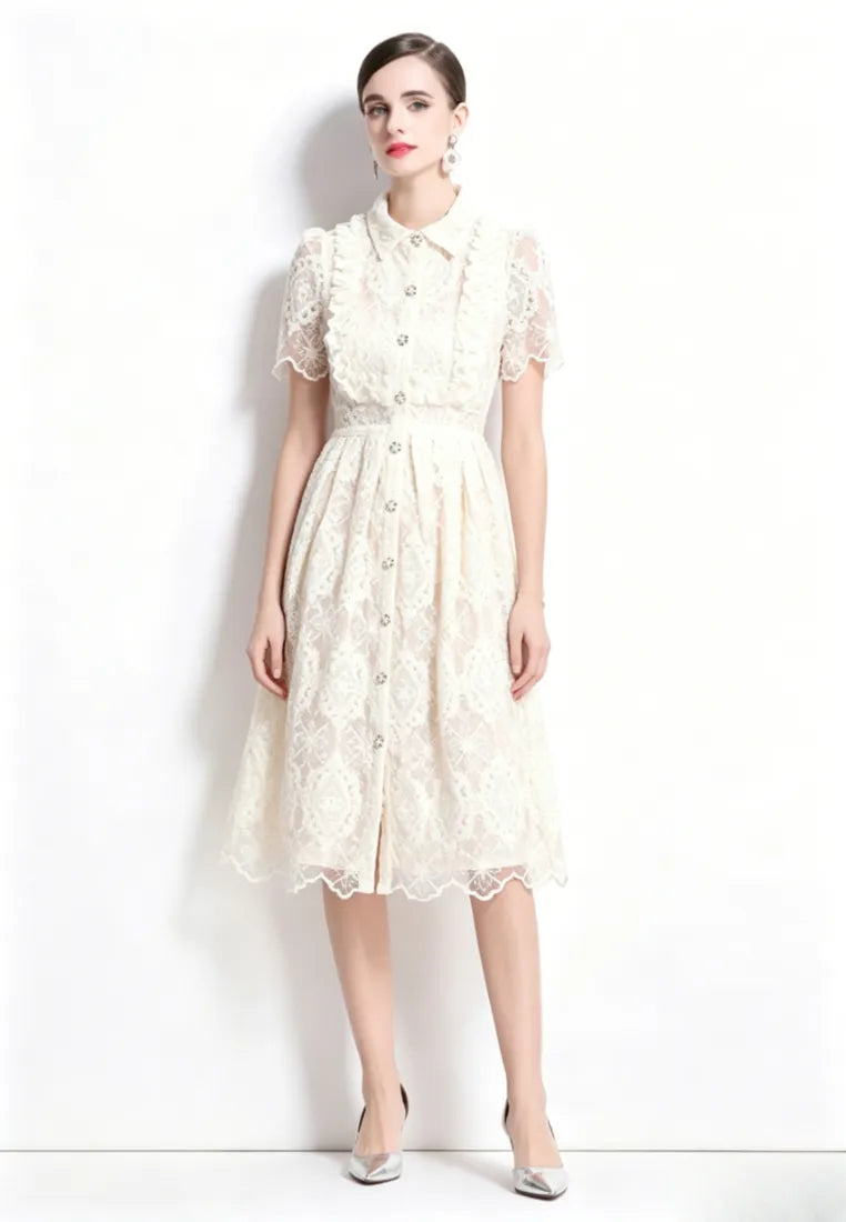 Vestido midi camisa encaje marfil con cuello peter pan y botones perla k26061503