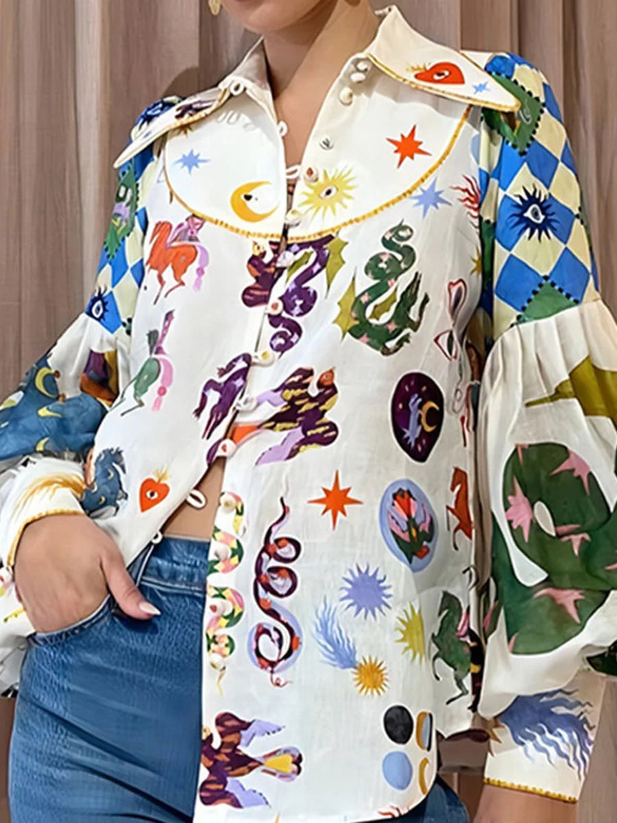 Blusa Camisa Manga Larga Con Solapa Mangas Abullonadas Y Botones En Colores Contrastantes Estampada