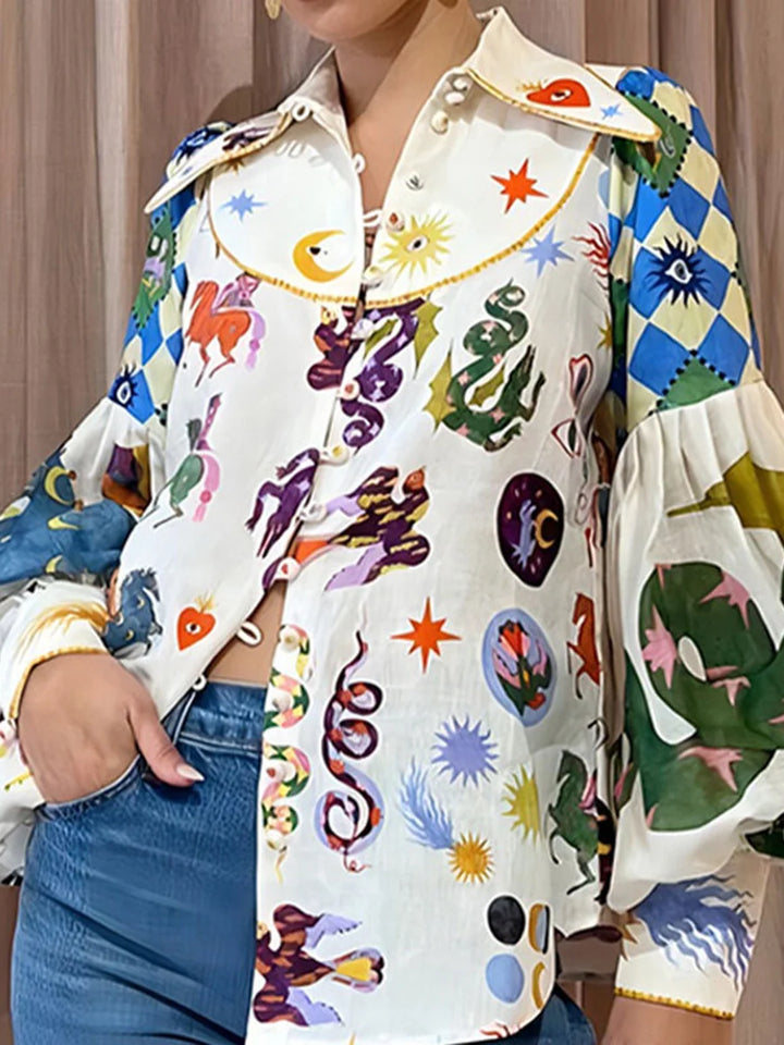Blusa Camisa Manga Larga Con Solapa Mangas Abullonadas Y Botones En Colores Contrastantes Estampada