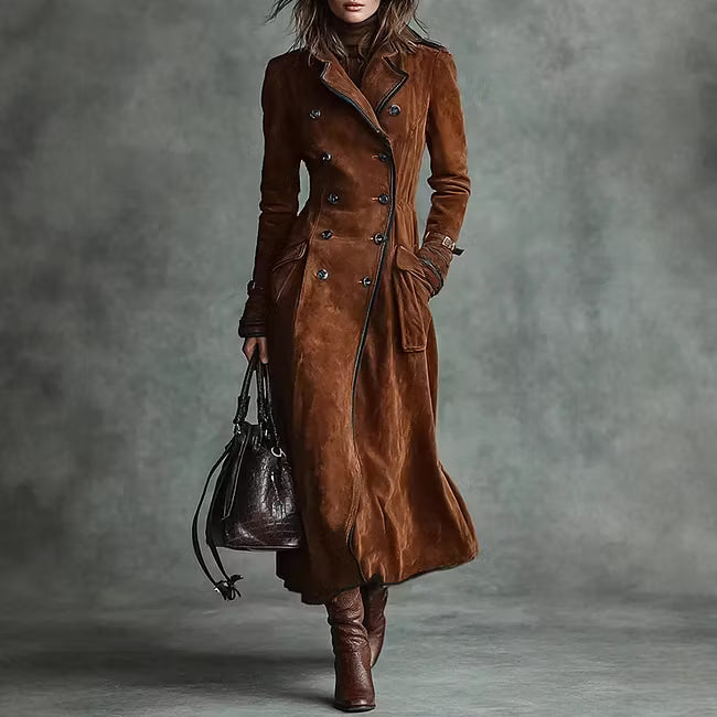 Trench Coat Vintage Estilo Western Con Solapa Y Botones En Ante