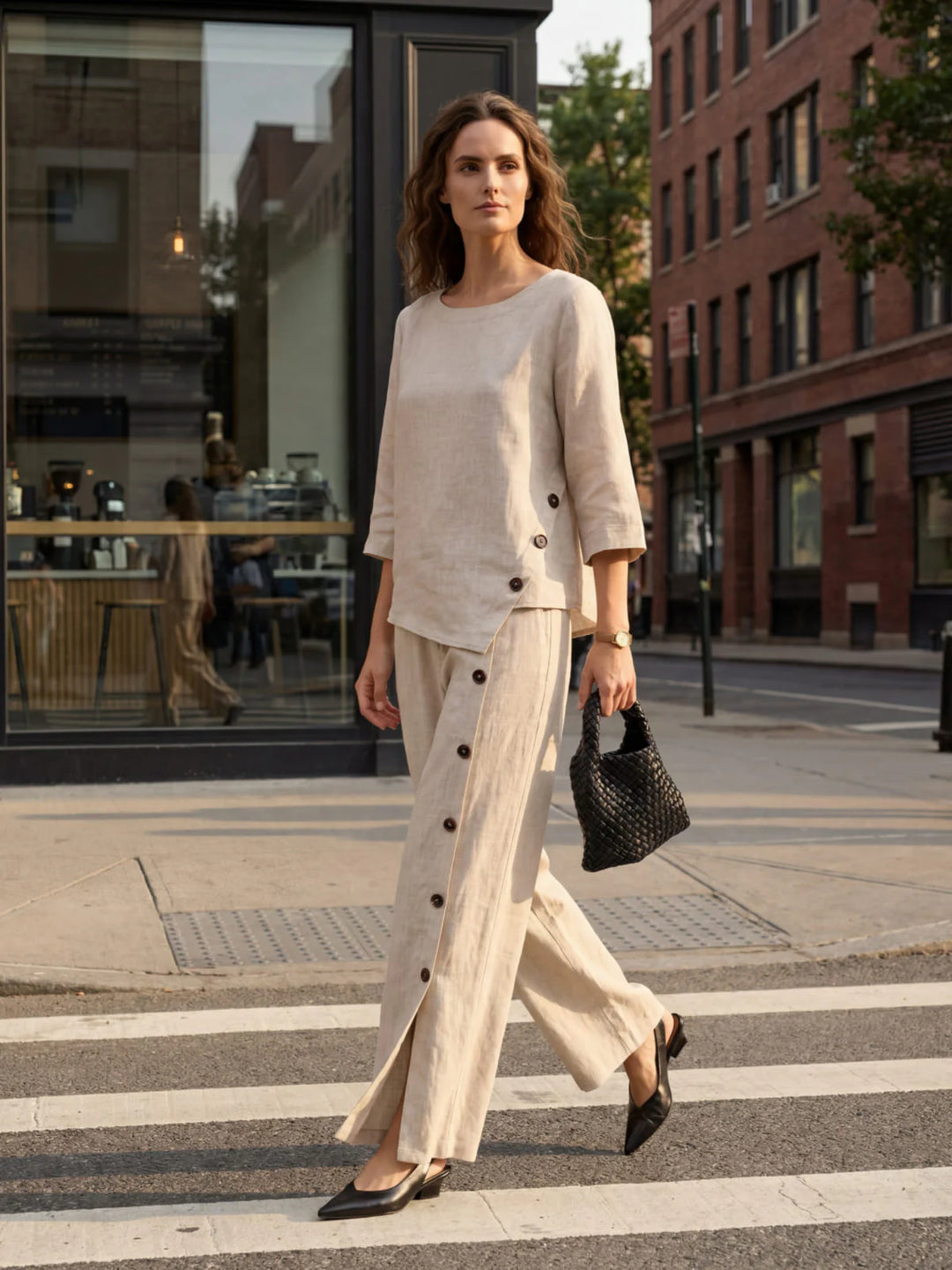 Nyla | Linen Top With Asymmetrical Hem And Decorative Buttons